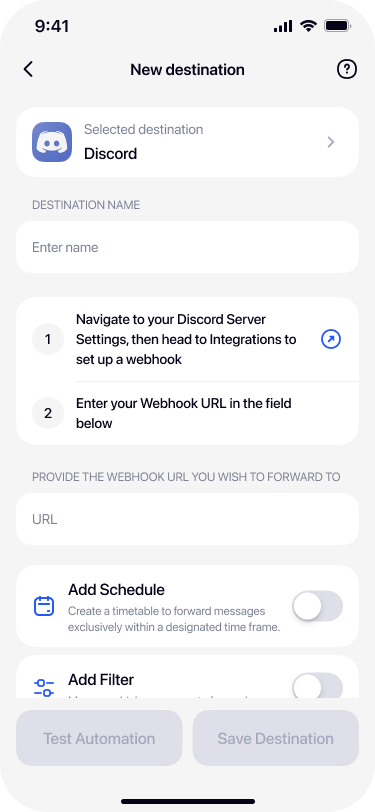 Filled Discord destination with webhook URL in Re:Text