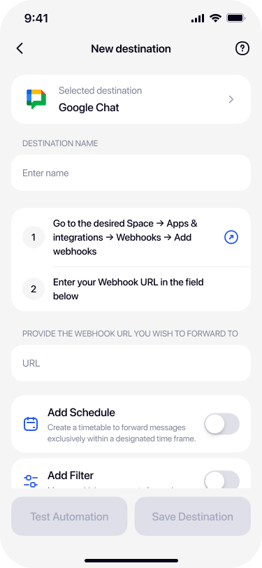 Empty Google Chat destination form in Re:Text with webhook URL instructions