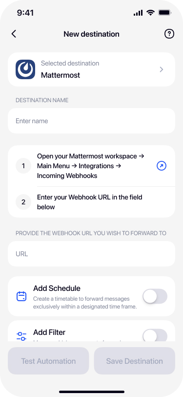 Empty Mattermost destination form in Re:Text with webhook URL instructions