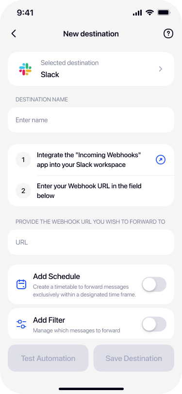 Filled Slack destination form with webhook URL in Re:Text app