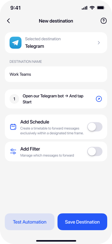 Completed Telegram destination form with name filled in Re:Text SMS Forwarder